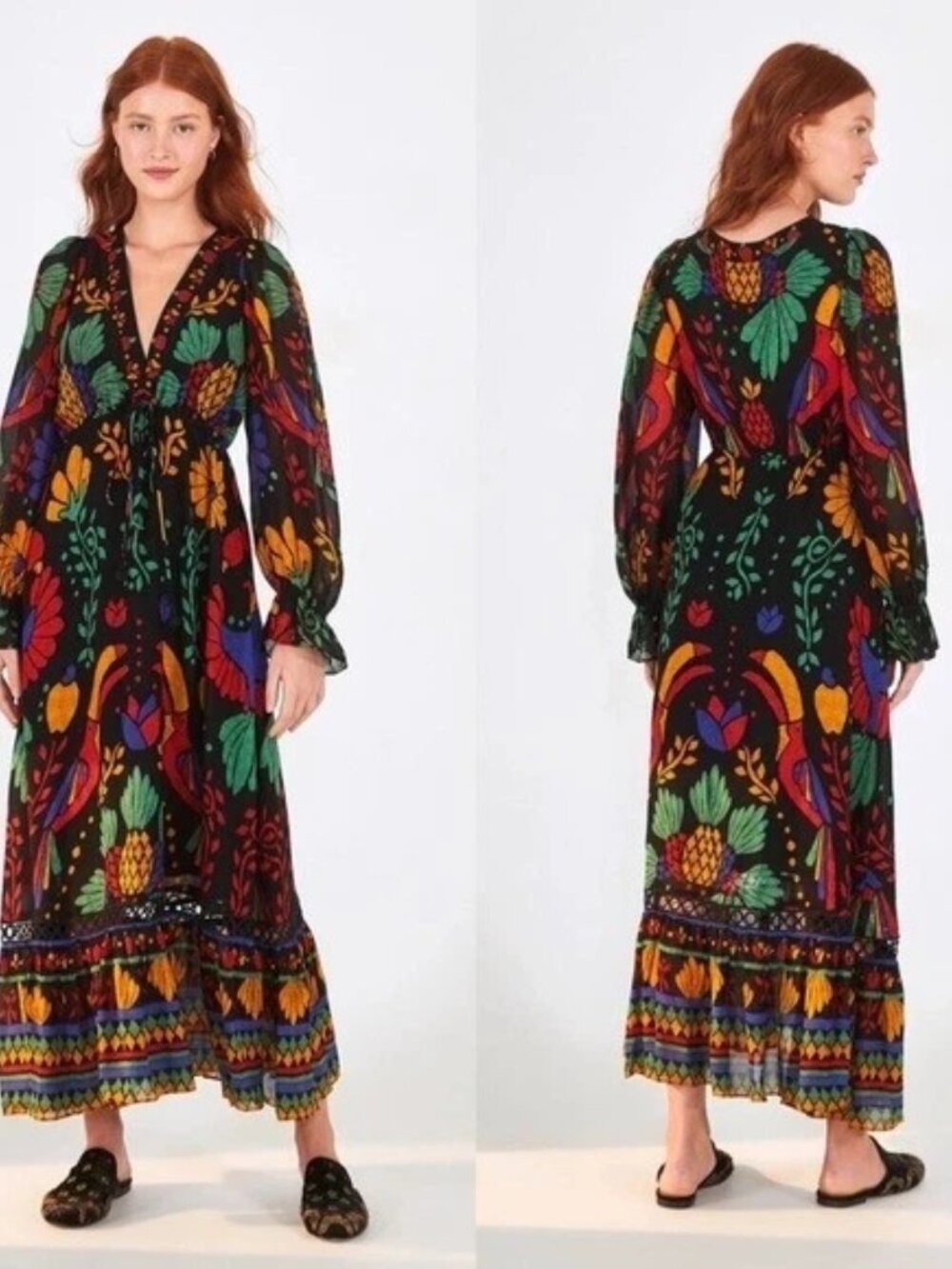 Farm Rio Anthropologie Georgette Maxi Dress Sz M Tropical Toucan Boho Lined - Picture 4 of 16